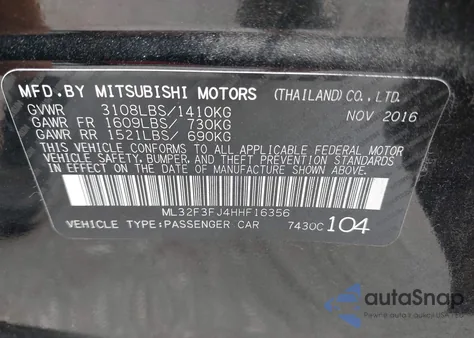 2017 Mitsubishi Mirage G4 Es z USA, uszkodzony, nr VIN ML32F3FJ4HHF16356
